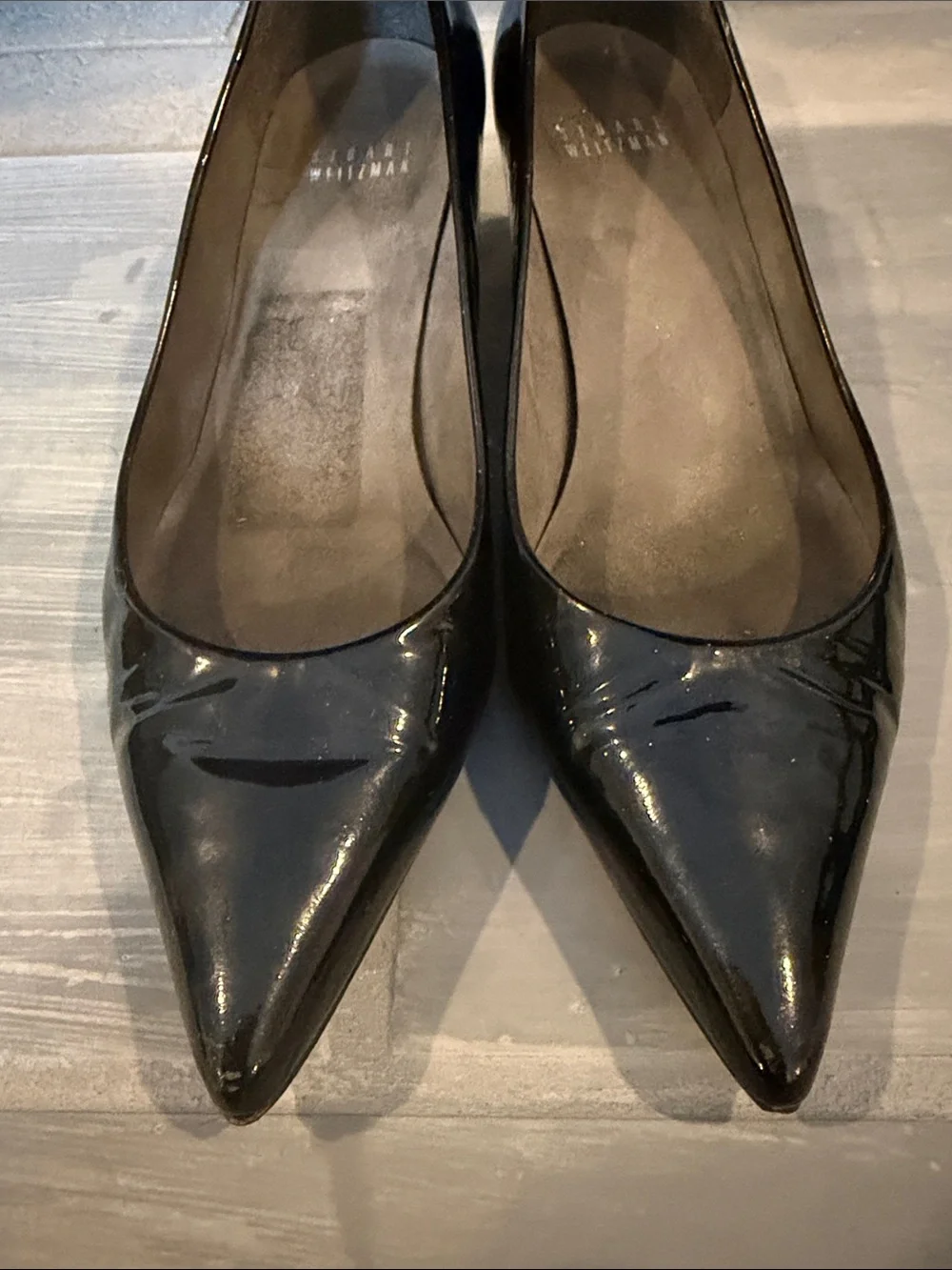 Stuart Weitzman Black Patent Pointed-Toe Pumps kitten heel Sz 8